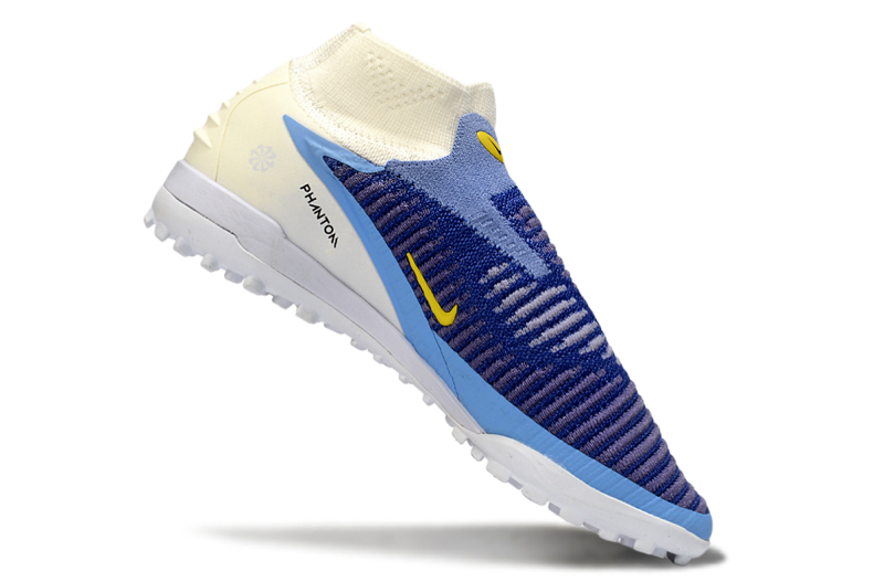 Nike Phantom 6 High Academy TF "Fear Nothing" – Edição Limitada Azul/Branco/Amarelo – Campo Sintético